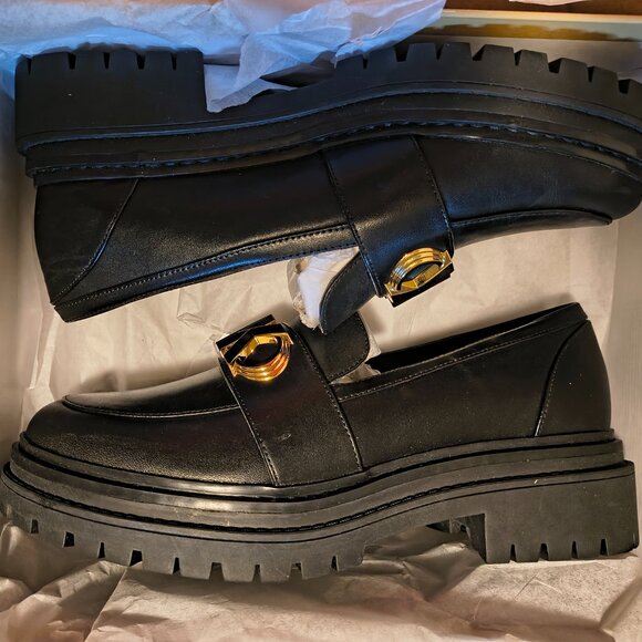 MICHAEL Michael Kors Black Loafers with Gold Logo - Picture 2 of 5